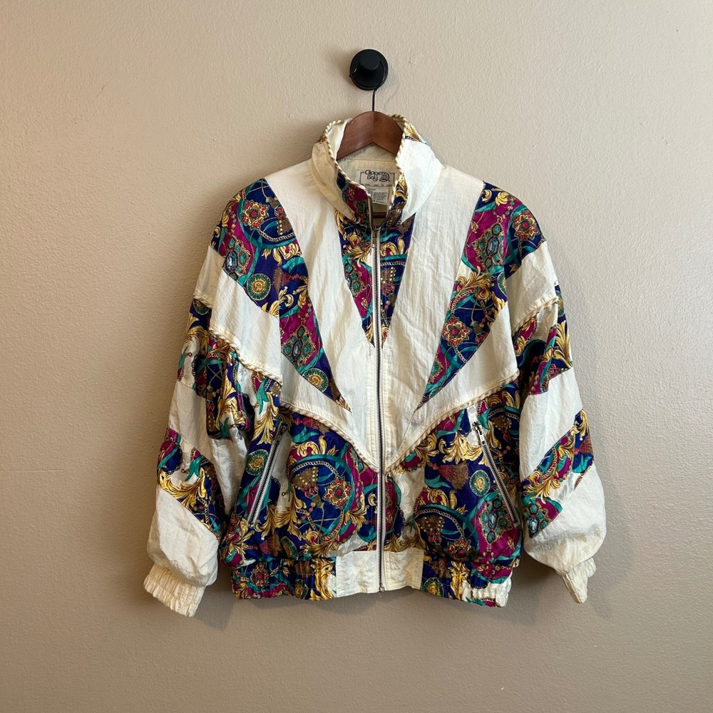 Vintage Clipper Bay Baroque Celestial Sun Padded Shoulder Windbreaker Glam 80s